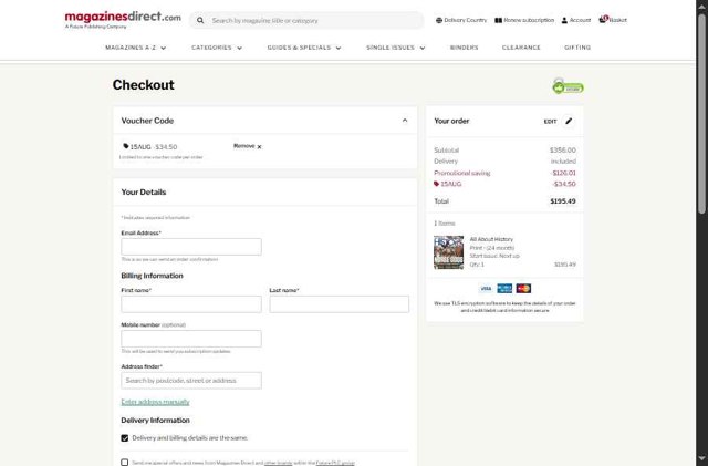 Magazines Direct checkout page showing Magazines Direct promo code box | Screenshot taken by SimplyCodes community member on Aug 26, 2025