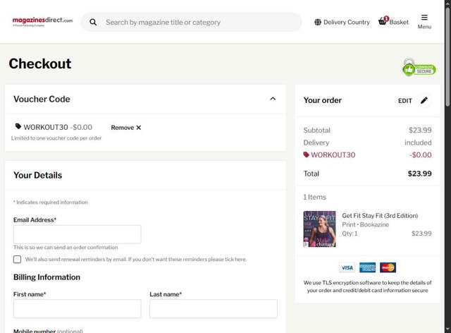 Magazines Direct checkout page showing Magazines Direct promo code box | Screenshot taken by SimplyCodes community member on Aug 26, 2025