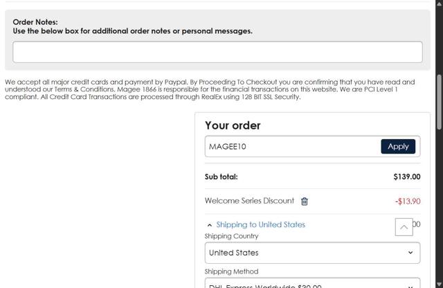 Magee 1866 checkout page showing Magee 1866 discount code box | Screenshot taken by SimplyCodes community member on May 24, 2025