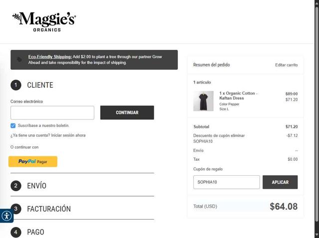 Maggie's Organics checkout page showing Maggie's Organics coupon code box | Screenshot taken by SimplyCodes community member on Aug 3, 2025