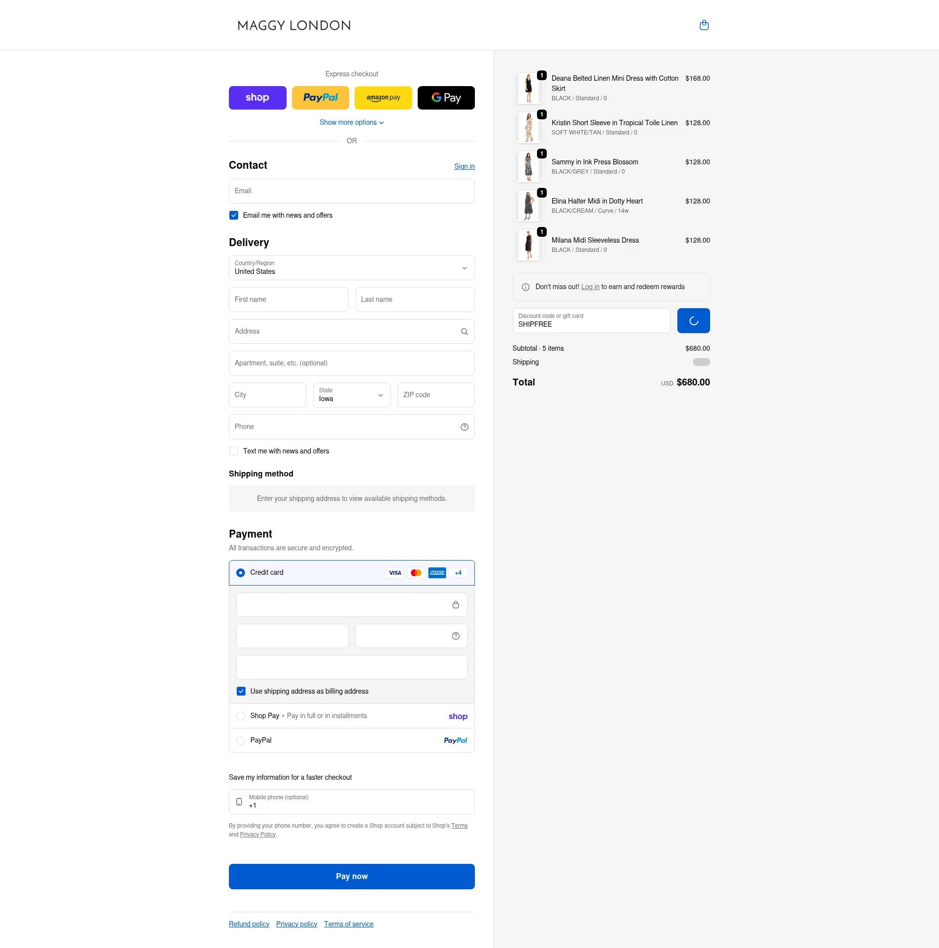 Maggy London checkout page showing Maggy London discount code box | Screenshot taken by SimplyCodes community member on Feb 13, 2026