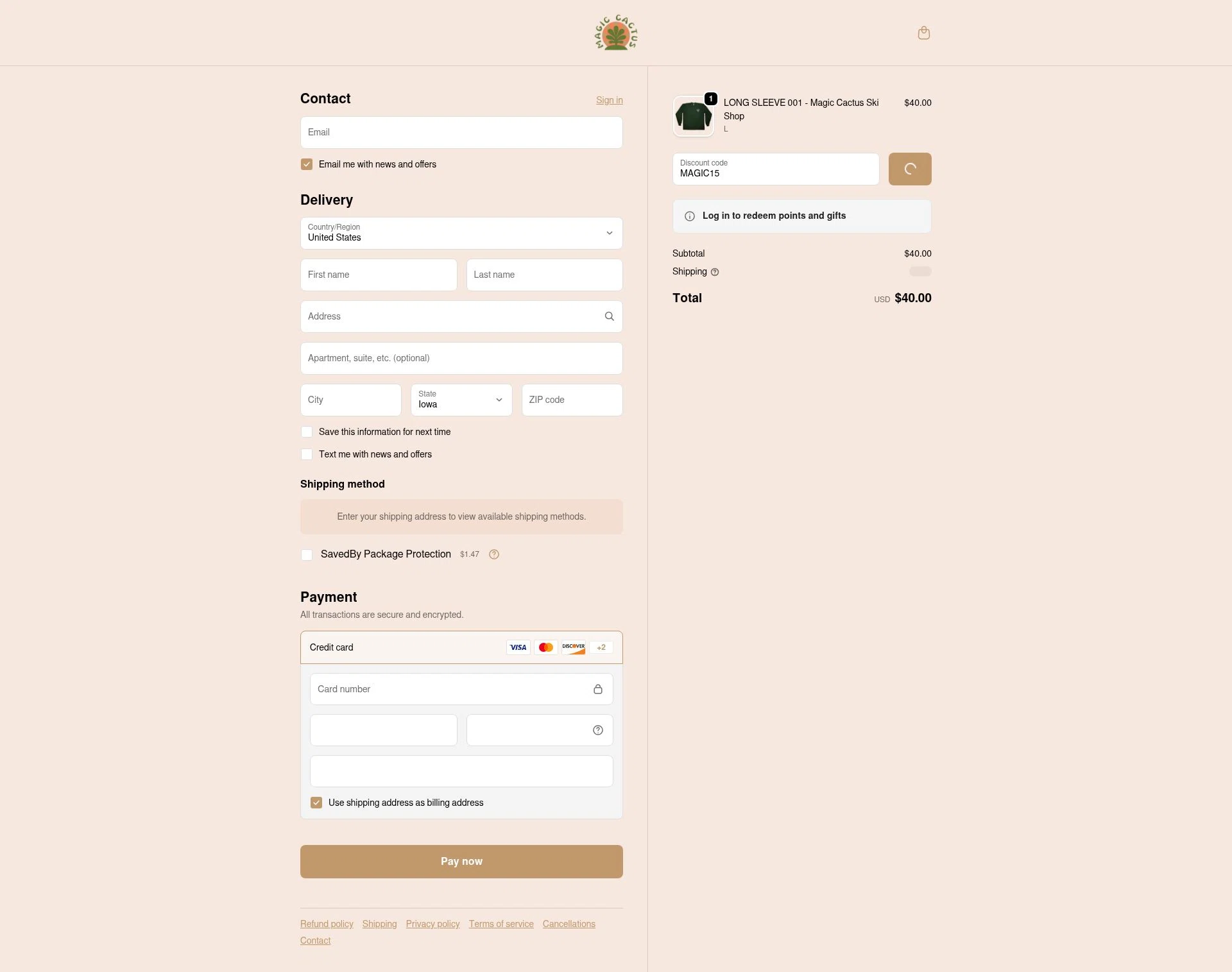 MAGIC CACTUS checkout page showing MAGIC CACTUS discount code box | Screenshot taken by SimplyCodes community member on Jan 29, 2026