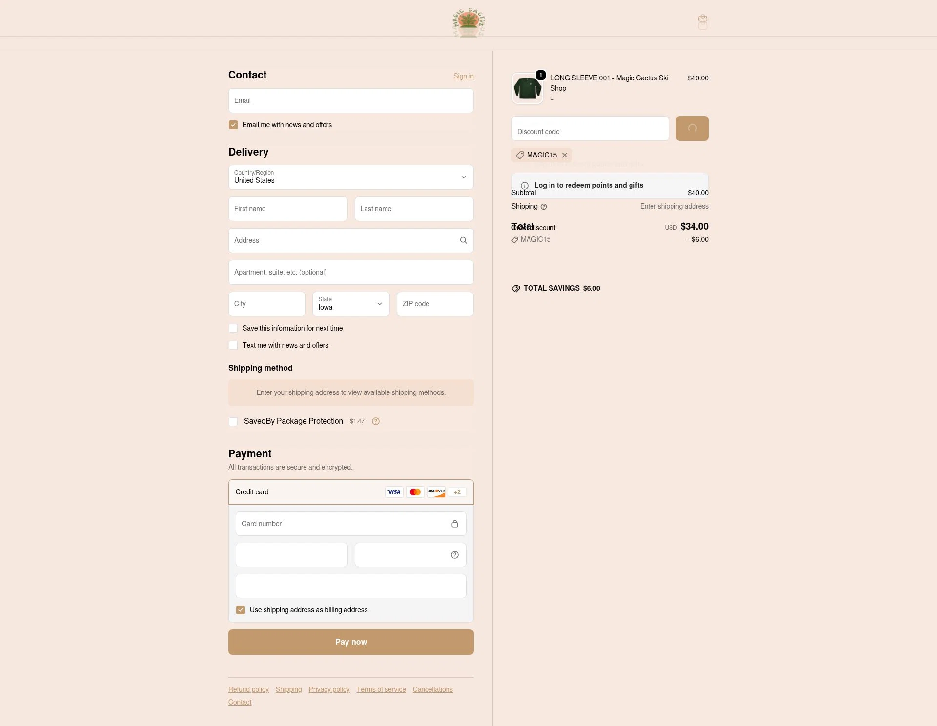 MAGIC CACTUS checkout page showing MAGIC CACTUS discount code box | Screenshot taken by SimplyCodes community member on Jan 20, 2026