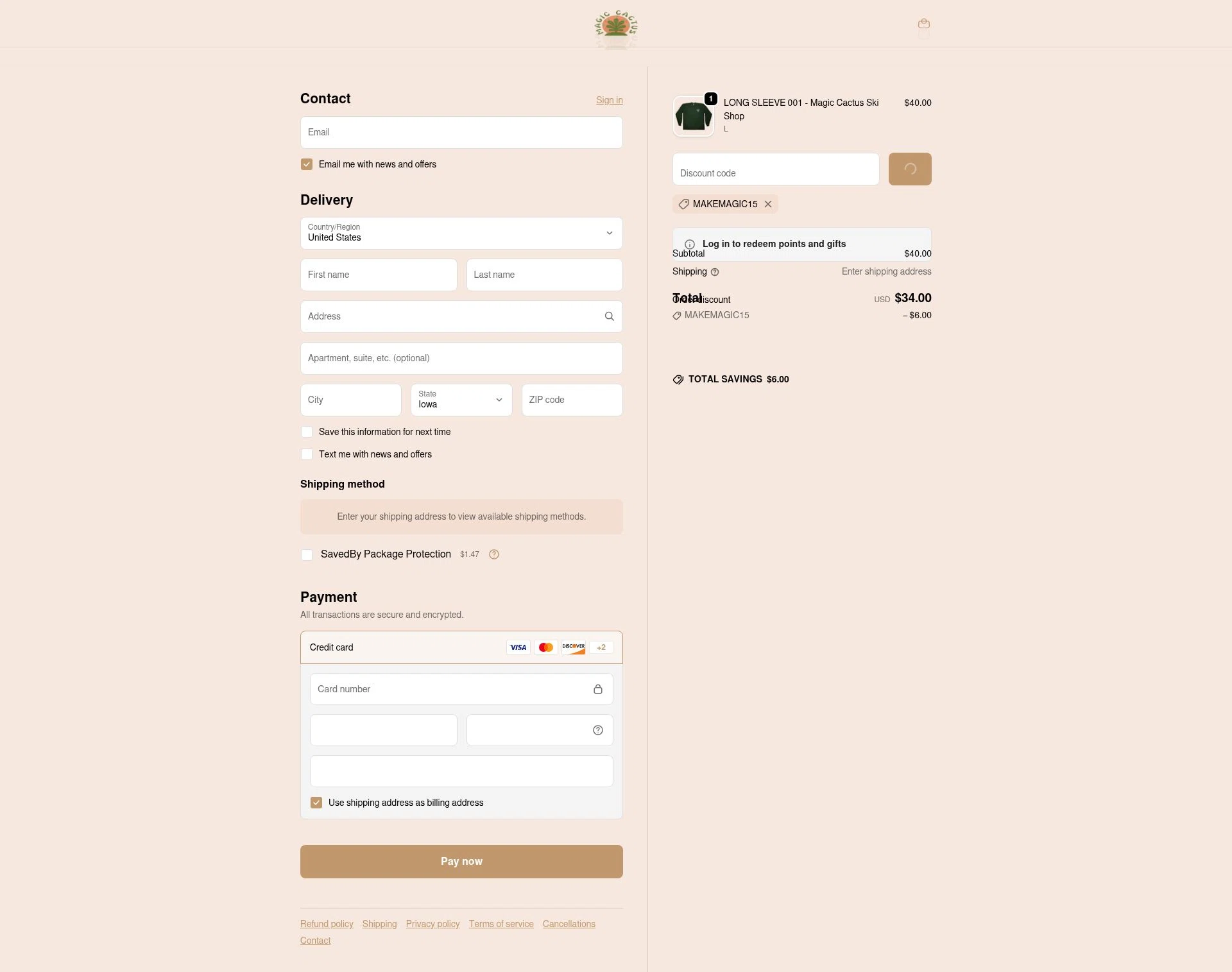 MAGIC CACTUS checkout page showing MAGIC CACTUS discount code box | Screenshot taken by SimplyCodes community member on Jan 25, 2026