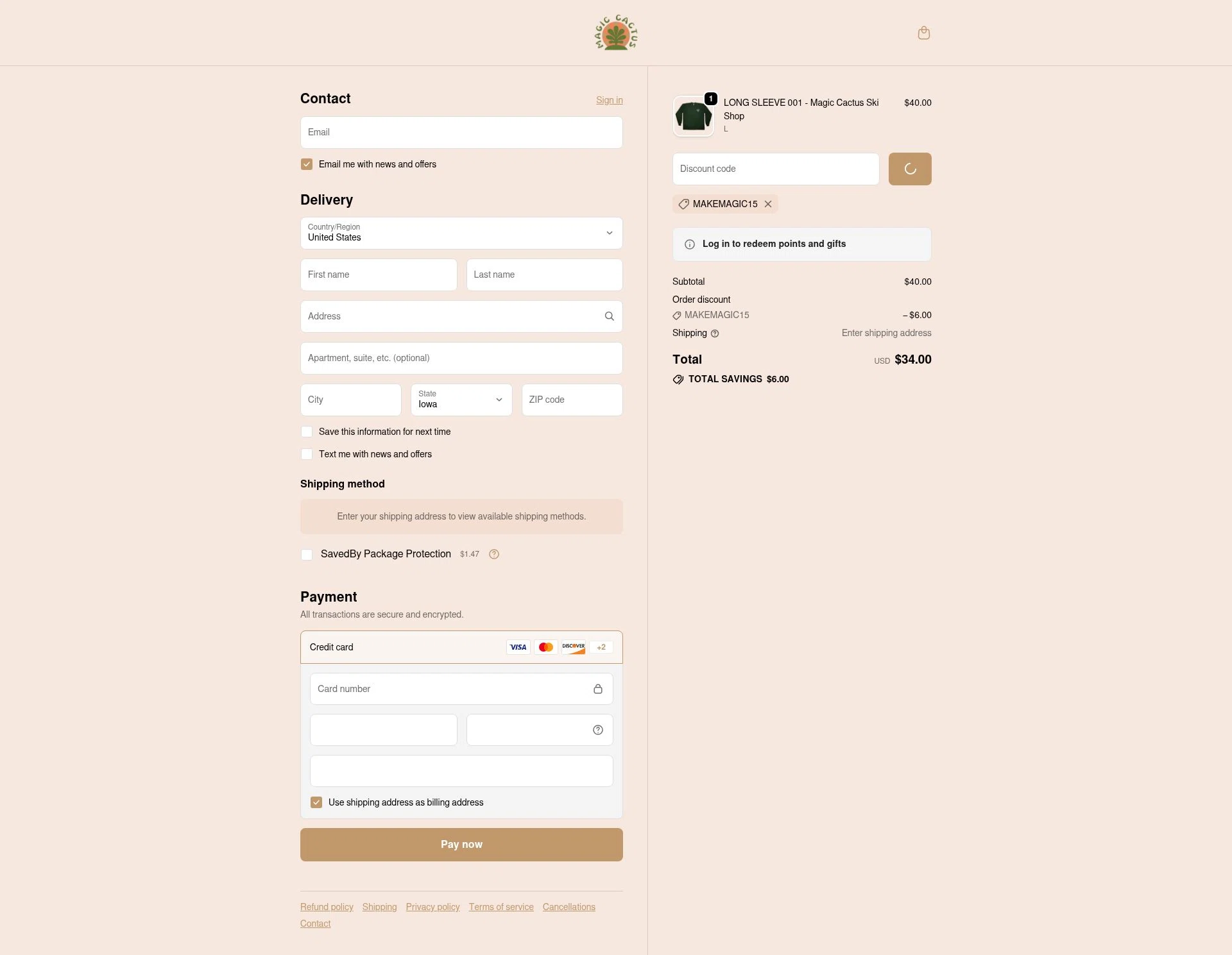 MAGIC CACTUS checkout page showing MAGIC CACTUS discount code box | Screenshot taken by SimplyCodes community member on Jan 20, 2026
