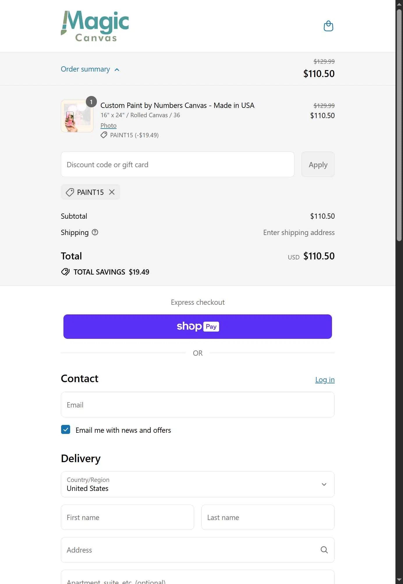 Magic Canvas checkout page showing Magic Canvas promo code box | Screenshot taken by SimplyCodes community member on Jul 20, 2025