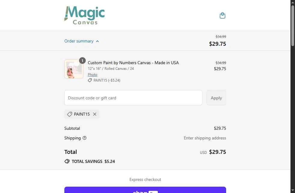 Magic Canvas checkout page showing Magic Canvas promo code box | Screenshot taken by SimplyCodes community member on Jul 20, 2025