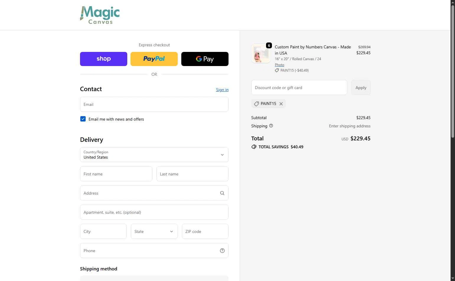 Magic Canvas checkout page showing Magic Canvas promo code box | Screenshot taken by SimplyCodes community member on Oct 31, 2025
