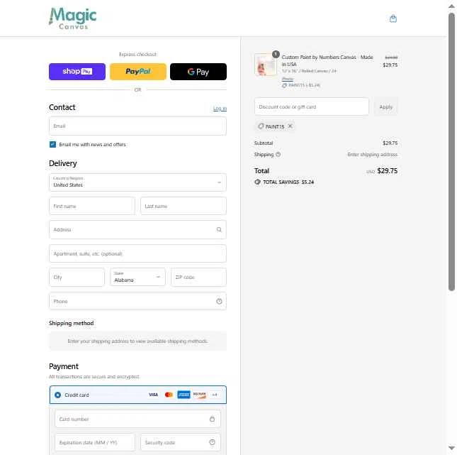 Magic Canvas checkout page showing Magic Canvas promo code box | Screenshot taken by SimplyCodes community member on Jul 20, 2025