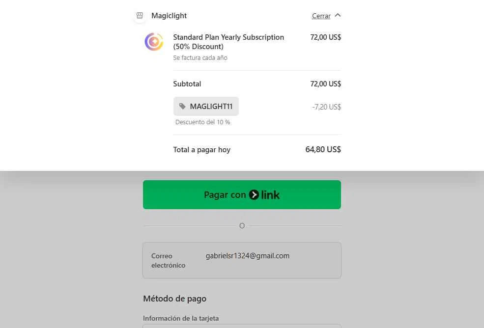 MagicLight AI checkout page showing MagicLight AI promo code box | Screenshot taken by SimplyCodes community member on Dec 22, 2025