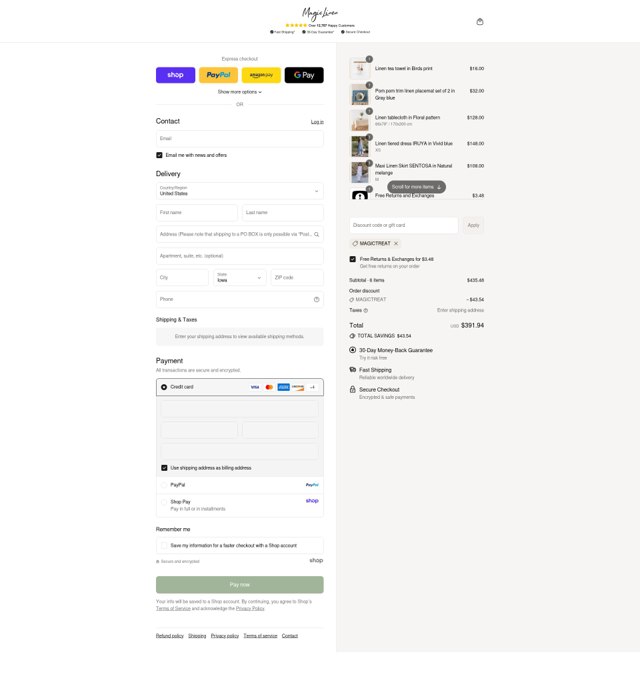 Magic Linen checkout page showing Magic Linen discount code box | Screenshot taken by SimplyCodes community member on Sep 4, 2025