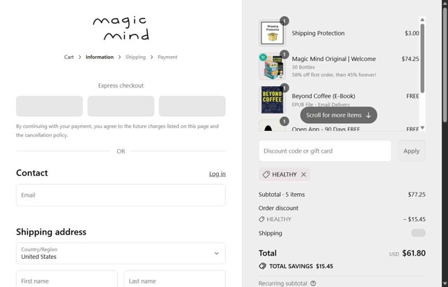Magic Mind checkout page showing Magic Mind discount code box | Screenshot taken by SimplyCodes community member on Sep 5, 2025