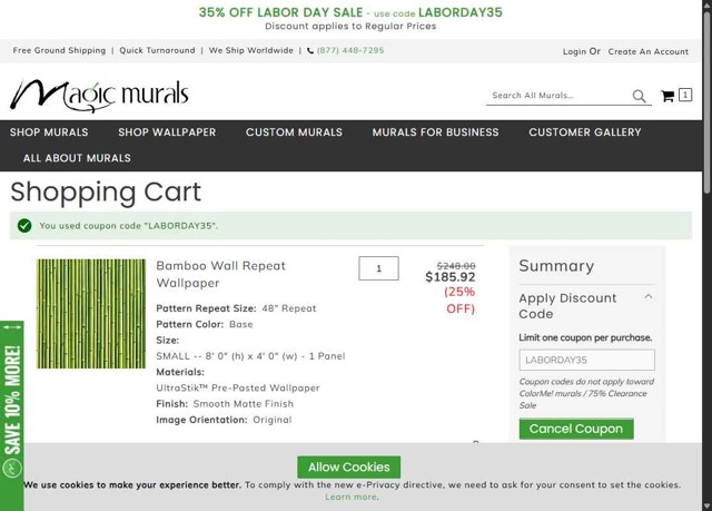 Magic Murals checkout page showing Magic Murals discount code box | Screenshot taken by SimplyCodes community member on Aug 28, 2025