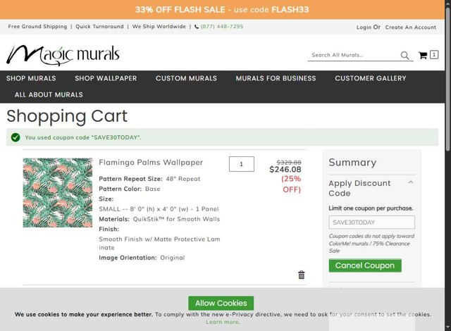 Magic Murals checkout page showing Magic Murals discount code box | Screenshot taken by SimplyCodes community member on Aug 1, 2025