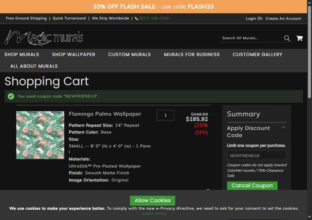 Magic Murals checkout page showing Magic Murals discount code box | Screenshot taken by SimplyCodes community member on Aug 1, 2025