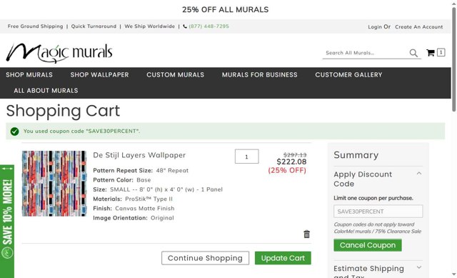 Magic Murals checkout page showing Magic Murals discount code box | Screenshot taken by SimplyCodes community member on Aug 11, 2025