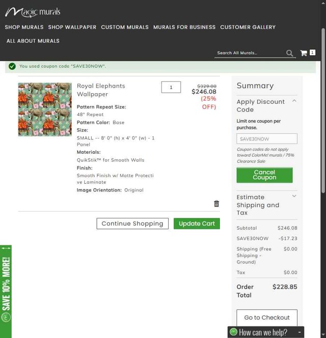 Magic Murals checkout page showing Magic Murals discount code box | Screenshot taken by SimplyCodes community member on Jul 5, 2025