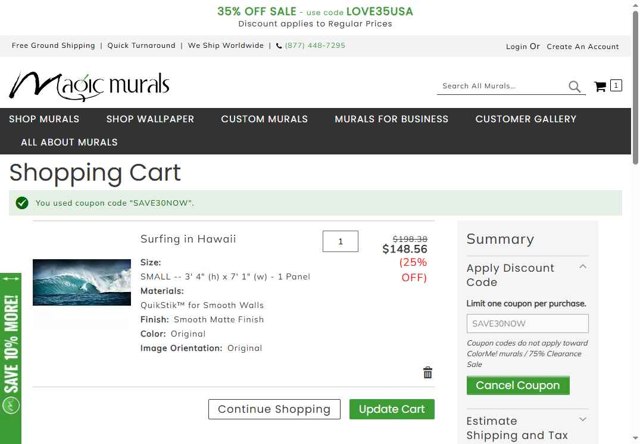 Magic Murals checkout page showing Magic Murals discount code box | Screenshot taken by SimplyCodes community member on Jul 5, 2025
