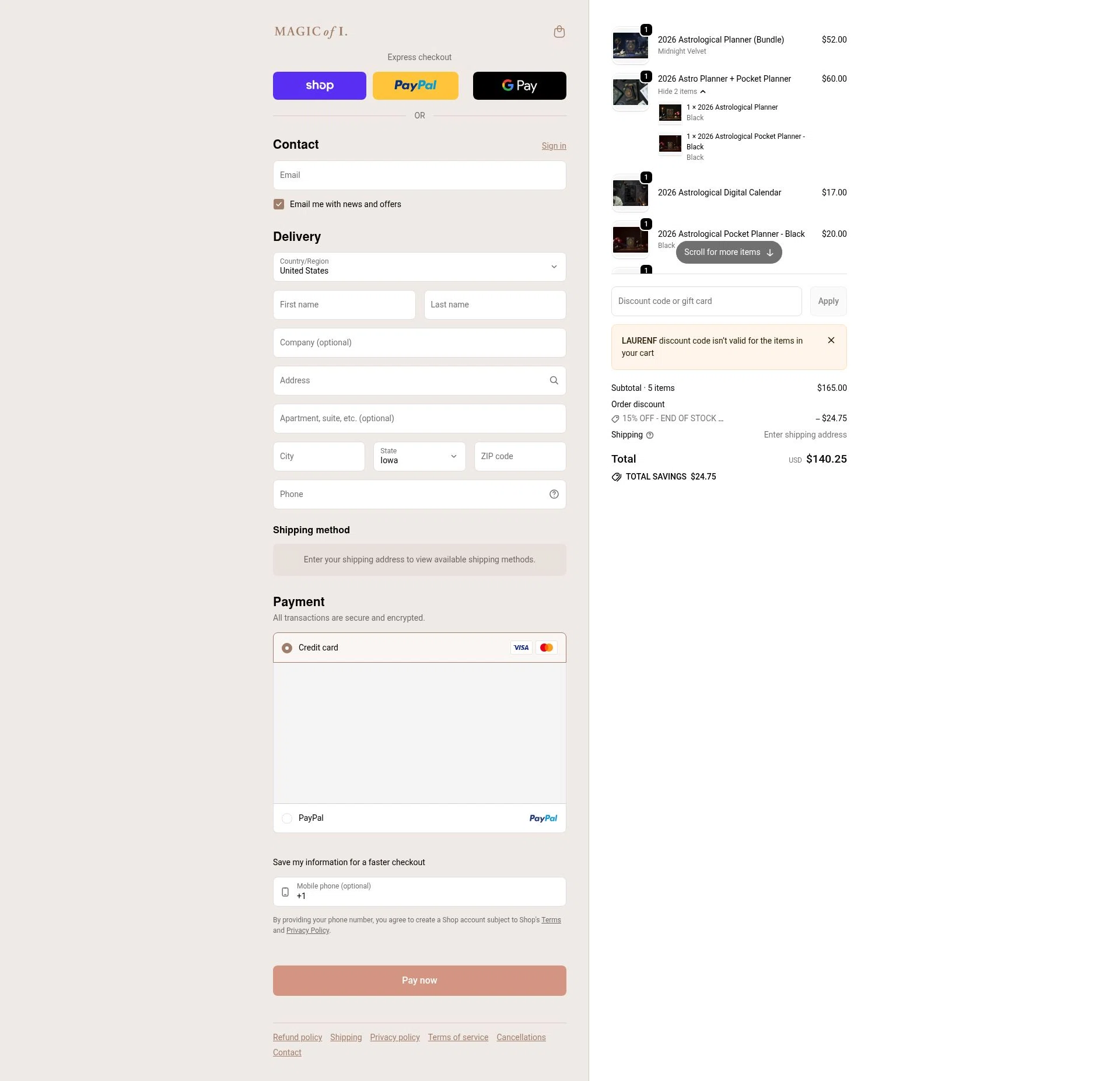 Magic of I checkout page showing Magic of I discount code box | Screenshot taken by SimplyCodes community member on Jan 31, 2026