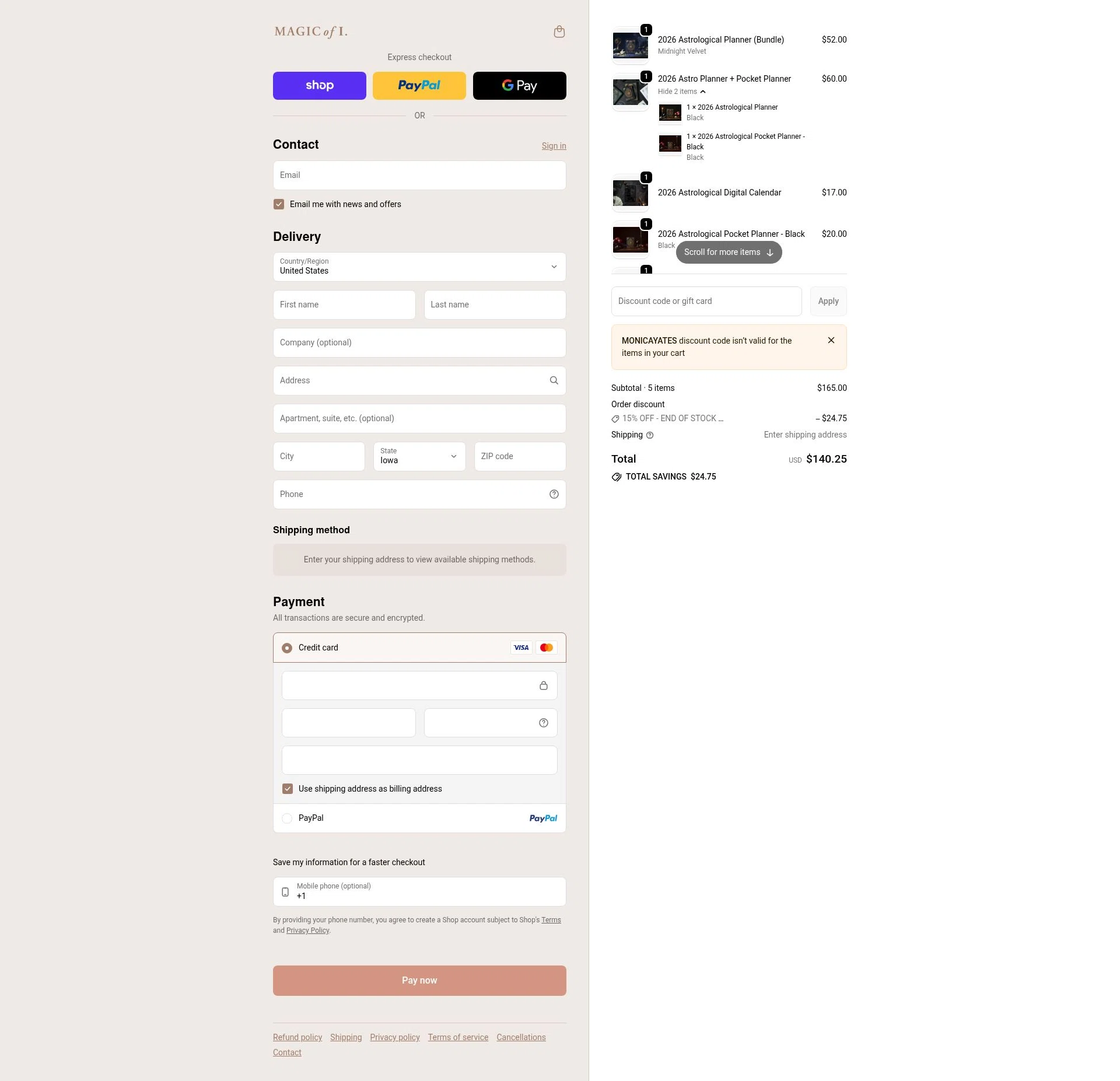 Magic of I checkout page showing Magic of I discount code box | Screenshot taken by SimplyCodes community member on Feb 4, 2026