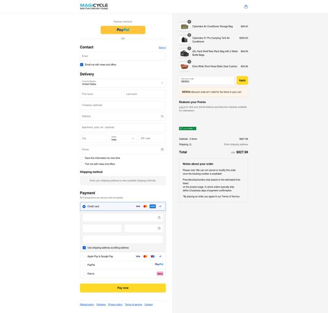 Magicycle Bike checkout page showing Magicycle Bike promo code box | Screenshot taken by SimplyCodes community member on Sep 12, 2025