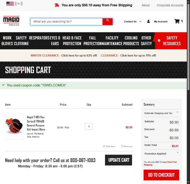 Magid Glove checkout page showing Magid Glove coupon code box | Screenshot taken by SimplyCodes community member on May 16, 2025
