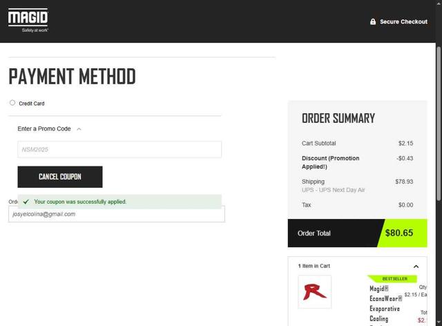 Magid Glove checkout page showing Magid Glove coupon code box | Screenshot taken by SimplyCodes community member on Jun 30, 2025