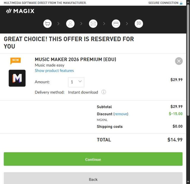Magix checkout page showing Magix promo code box | Screenshot taken by SimplyCodes community member on Jul 17, 2025