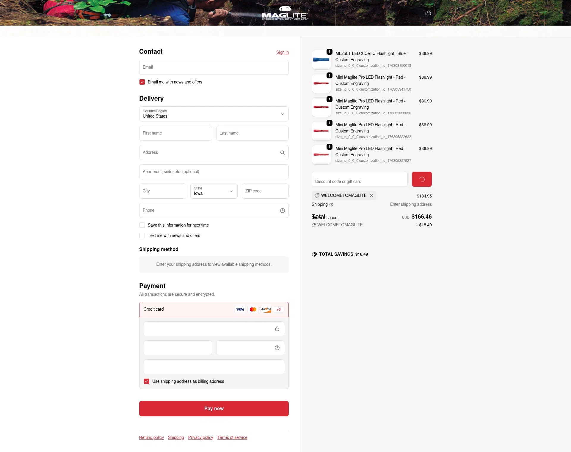 Maglite checkout page showing Maglite discount code box | Screenshot taken by SimplyCodes community member on Feb 9, 2026