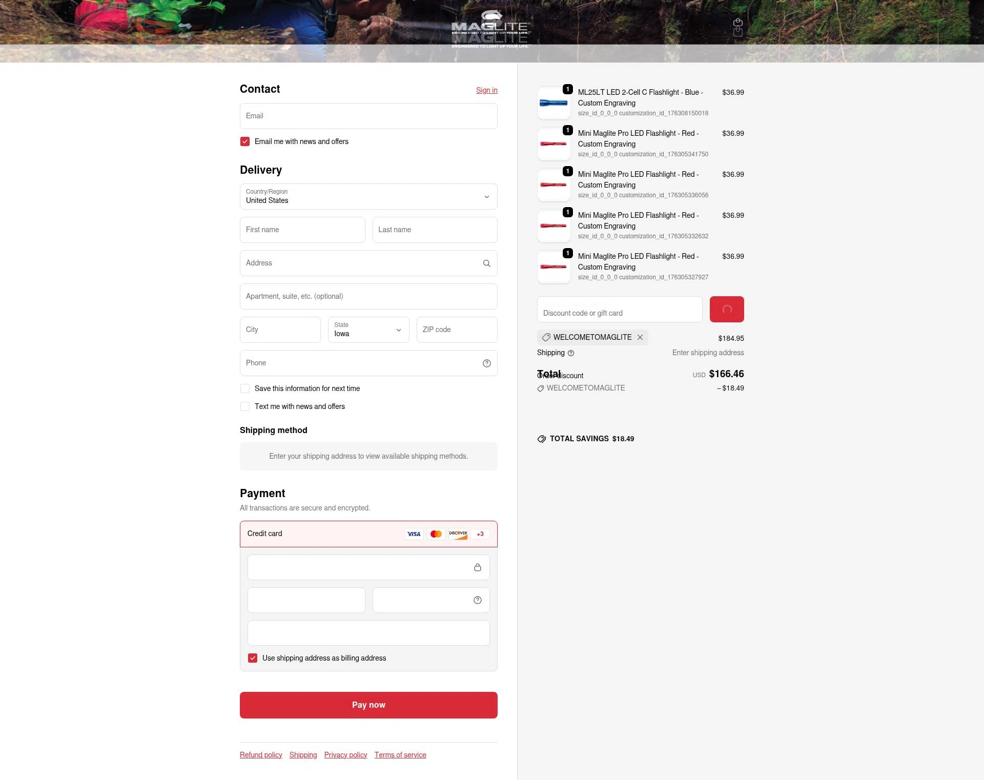 Maglite checkout page showing Maglite discount code box | Screenshot taken by SimplyCodes community member on Feb 13, 2026