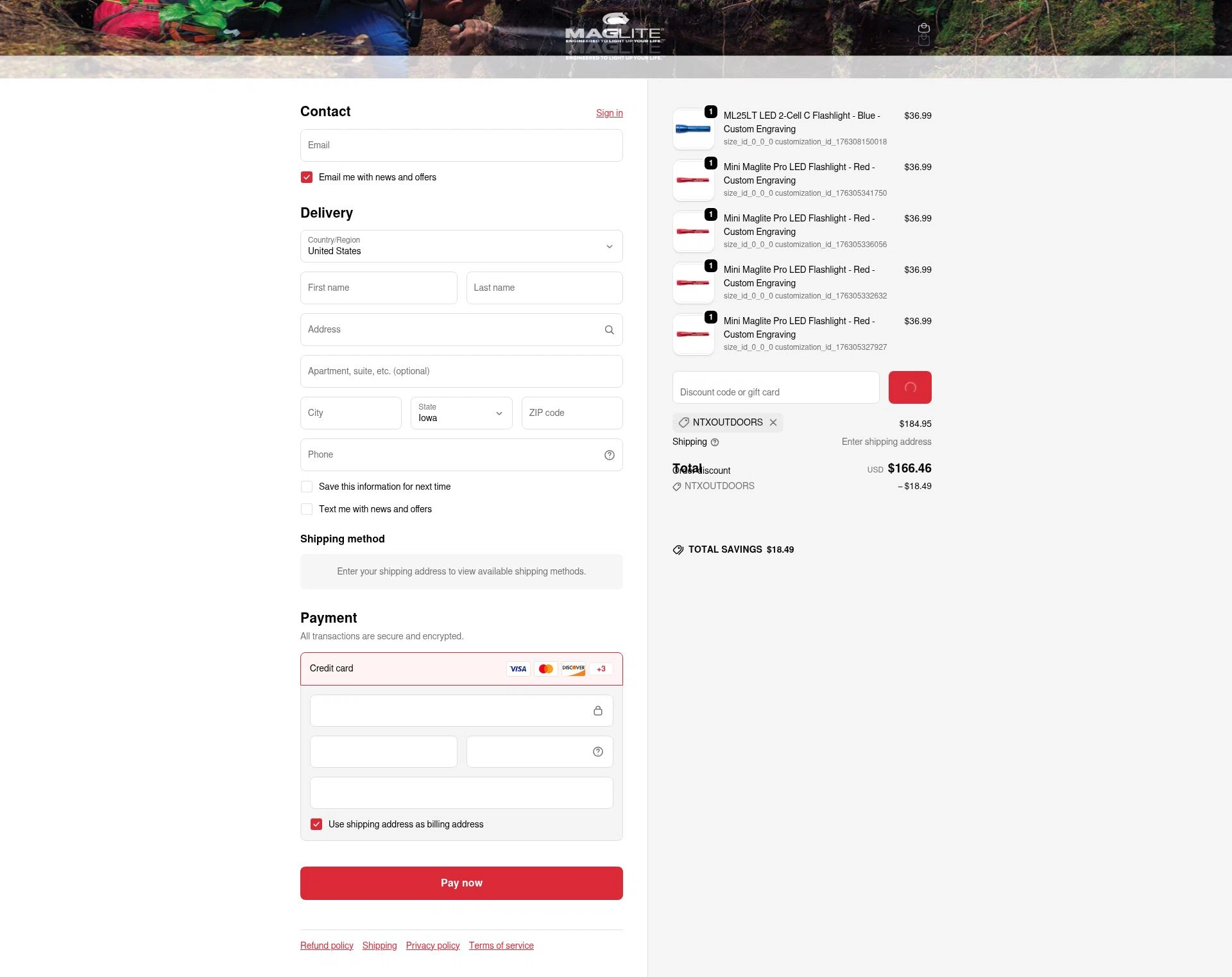Maglite checkout page showing Maglite discount code box | Screenshot taken by SimplyCodes community member on Feb 13, 2026