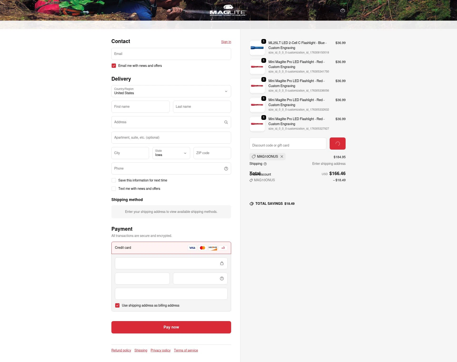 Maglite checkout page showing Maglite discount code box | Screenshot taken by SimplyCodes community member on Feb 13, 2026