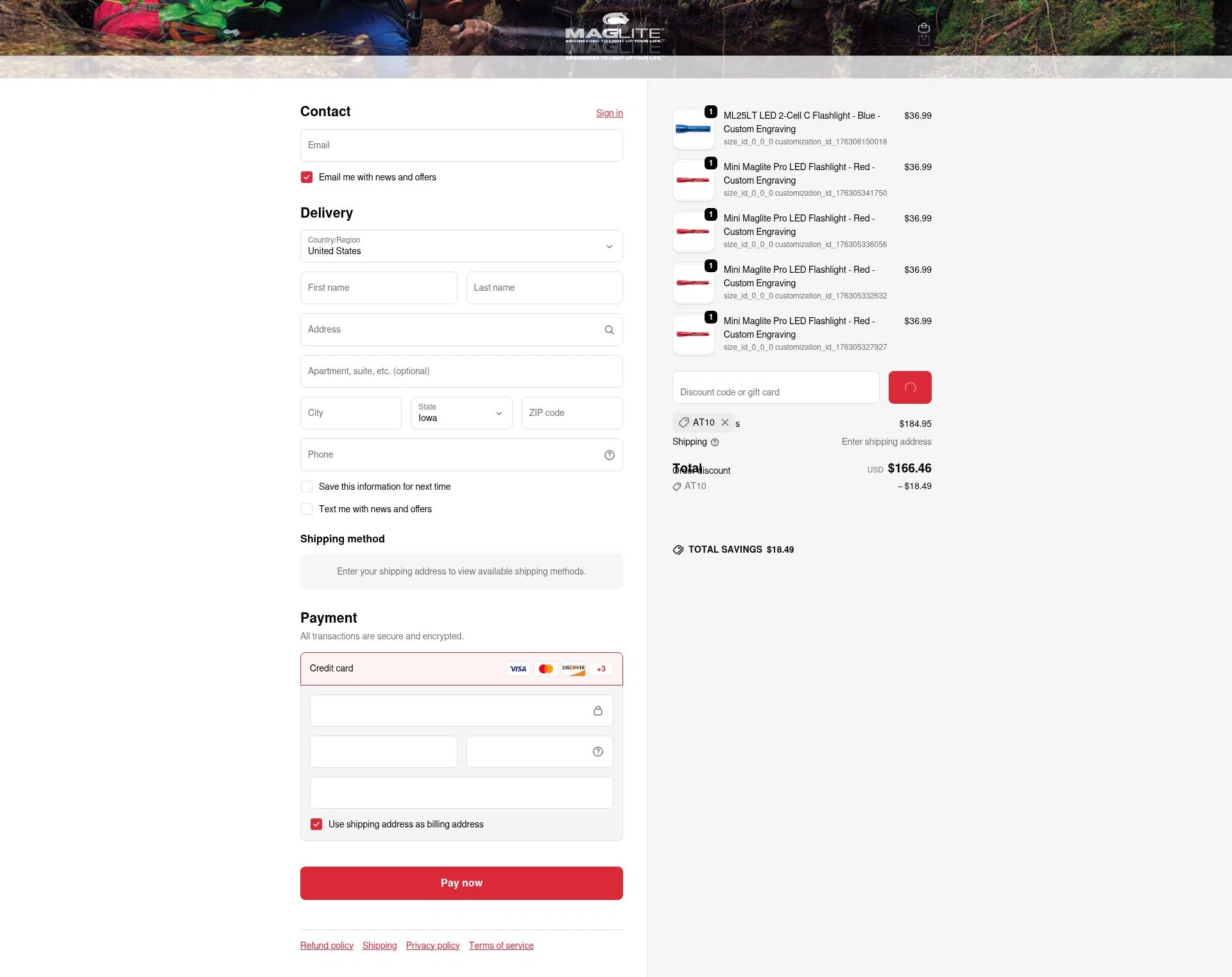 Maglite checkout page showing Maglite discount code box | Screenshot taken by SimplyCodes community member on Feb 13, 2026