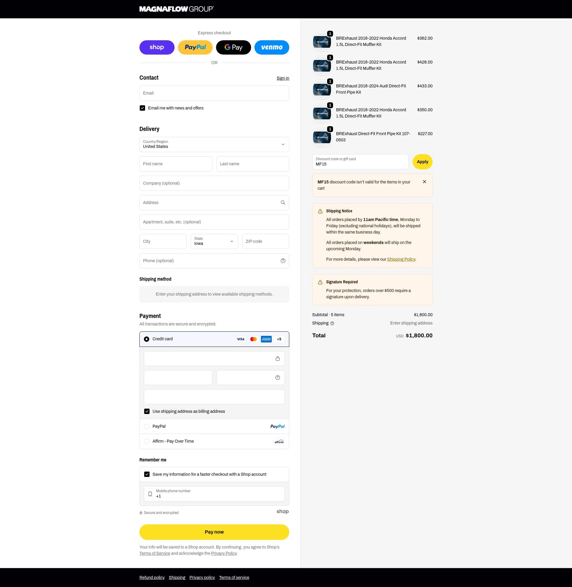Magnaflow checkout page showing Magnaflow discount code box | Screenshot taken by SimplyCodes community member on Nov 28, 2025