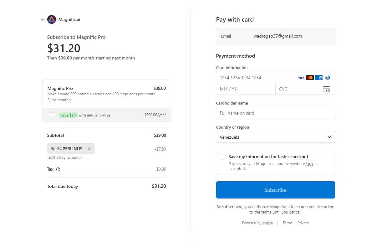 Magnific AI checkout page showing Magnific AI promo code box | Screenshot taken by SimplyCodes community member on Dec 4, 2025