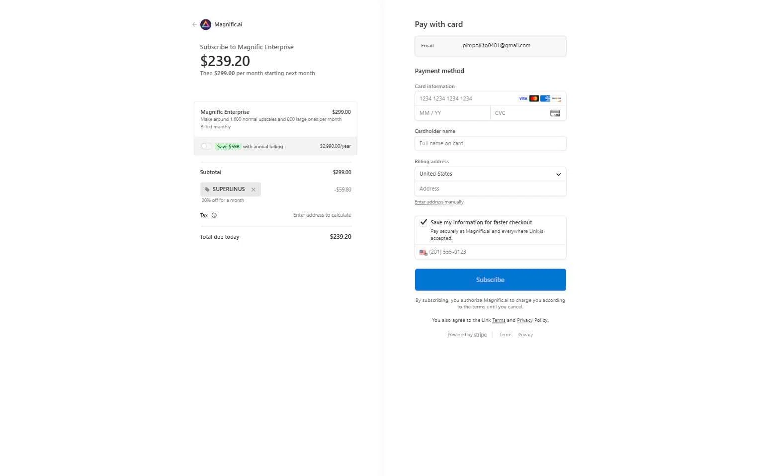 Magnific AI checkout page showing Magnific AI promo code box | Screenshot taken by SimplyCodes community member on Dec 16, 2025