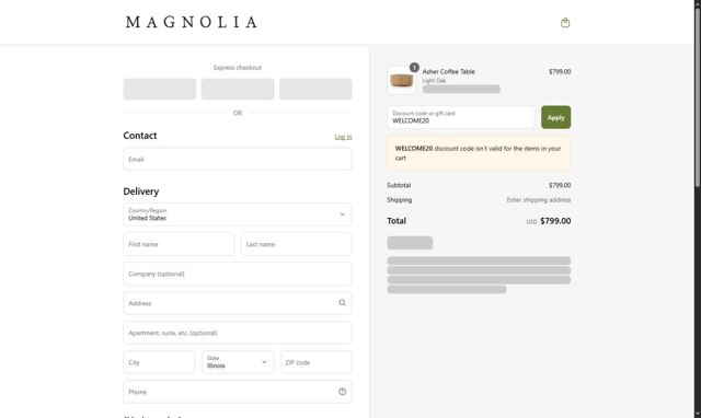Magnolia checkout page showing Magnolia discount code box | Screenshot taken by SimplyCodes community member on Aug 23, 2025