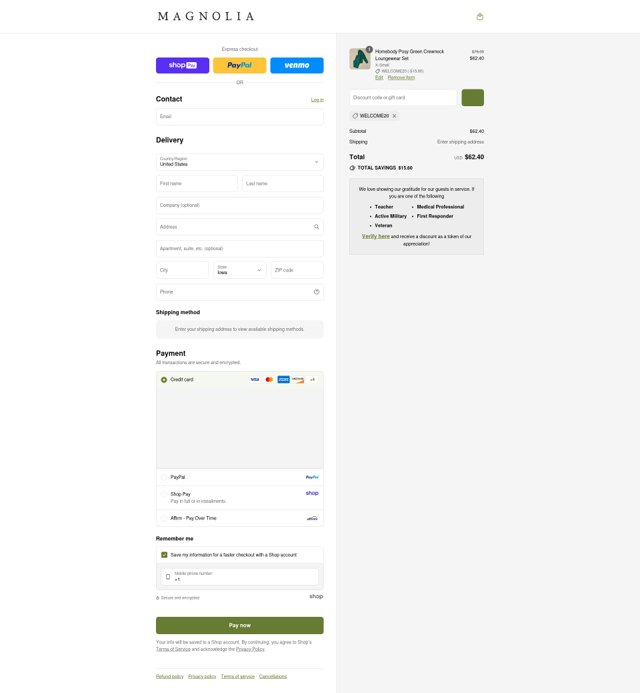 Magnolia checkout page showing Magnolia discount code box | Screenshot taken by SimplyCodes community member on Aug 25, 2025