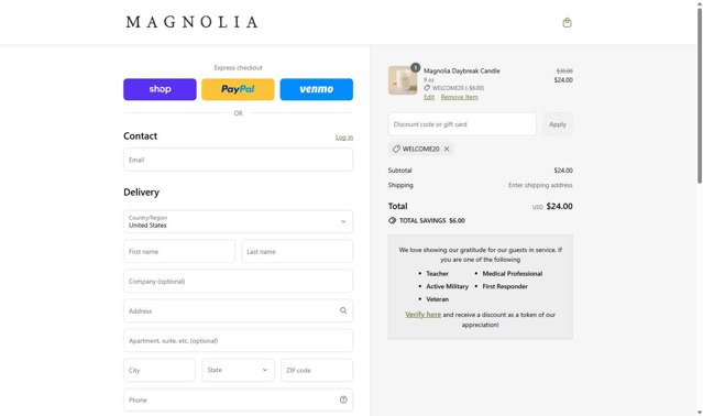 Magnolia checkout page showing Magnolia discount code box | Screenshot taken by SimplyCodes community member on Aug 29, 2025