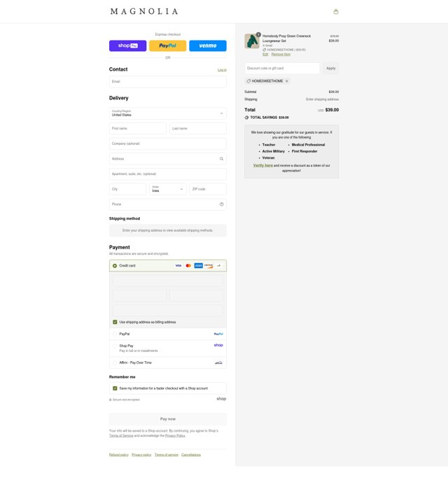 Magnolia checkout page showing Magnolia discount code box | Screenshot taken by SimplyCodes community member on Aug 25, 2025