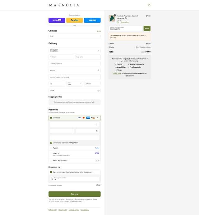 Magnolia checkout page showing Magnolia discount code box | Screenshot taken by SimplyCodes community member on Aug 25, 2025