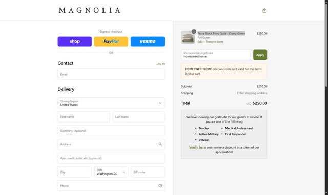 Magnolia checkout page showing Magnolia discount code box | Screenshot taken by SimplyCodes community member on Sep 2, 2025