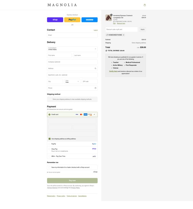 Magnolia checkout page showing Magnolia discount code box | Screenshot taken by SimplyCodes community member on Sep 3, 2025