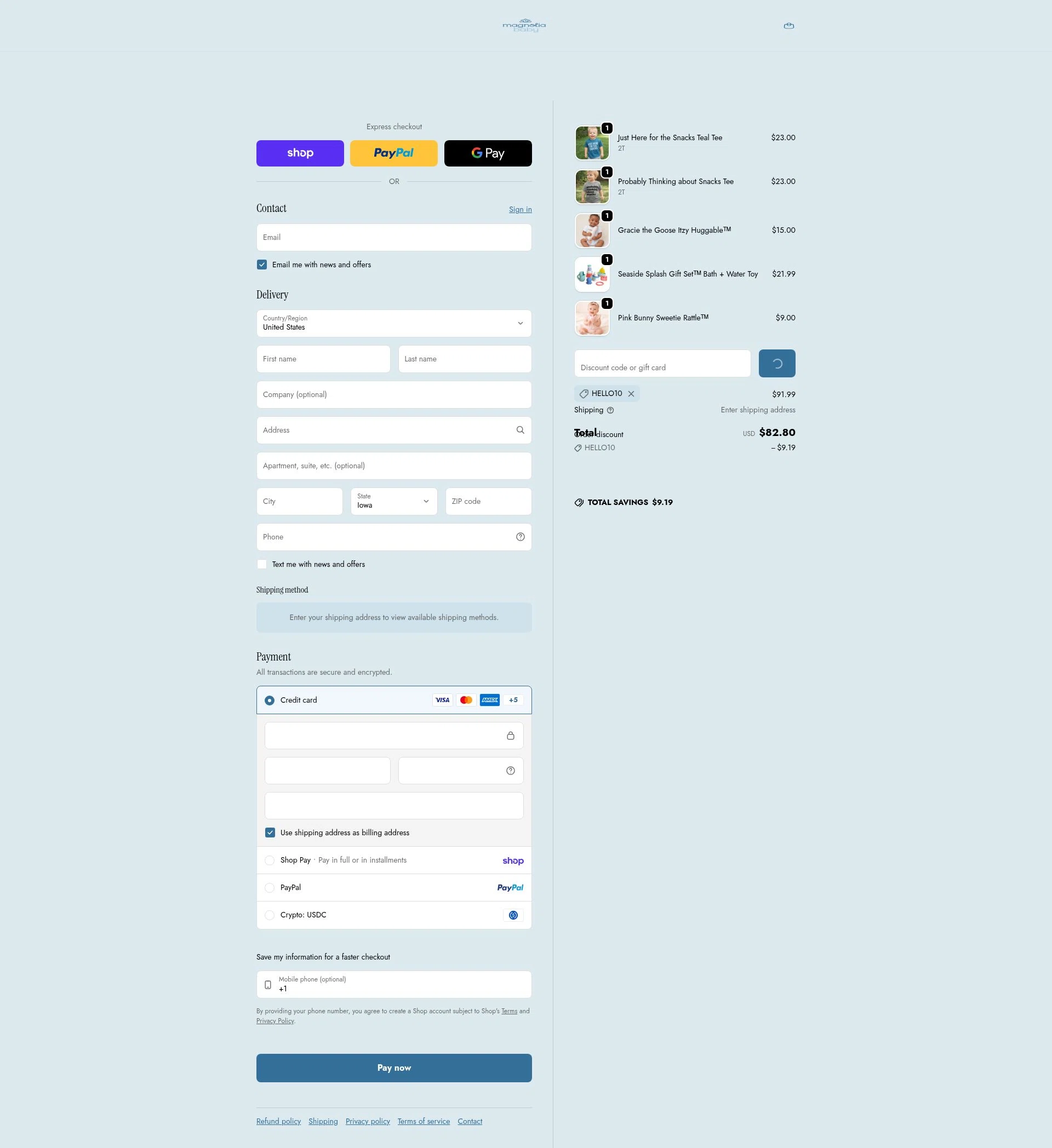 Magnolia Baby checkout page showing Magnolia Baby discount code box | Screenshot taken by SimplyCodes community member on Feb 14, 2026