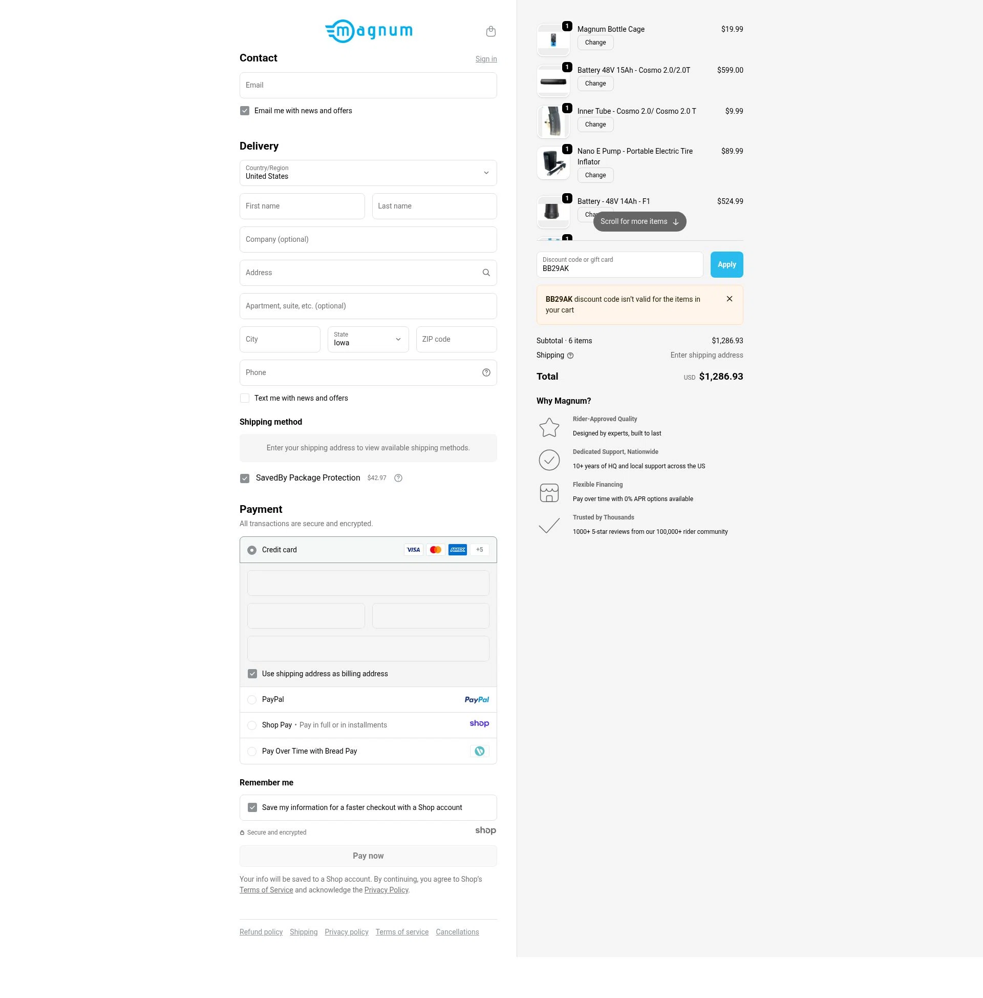 Magnum Bikes checkout page showing Magnum Bikes promo code box | Screenshot taken by SimplyCodes community member on Nov 30, 2025