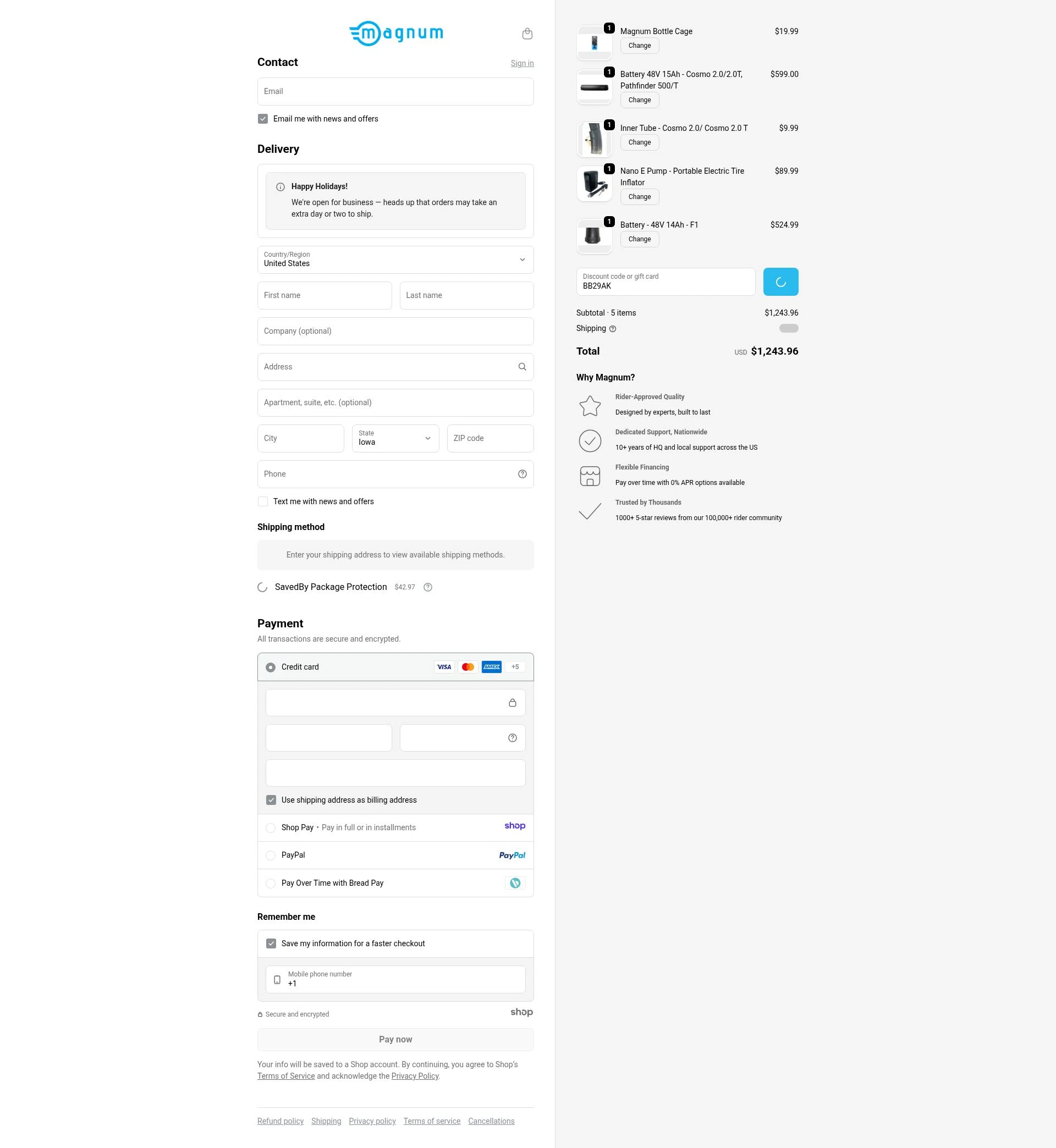 Magnum Bikes checkout page showing Magnum Bikes promo code box | Screenshot taken by SimplyCodes community member on Dec 23, 2025