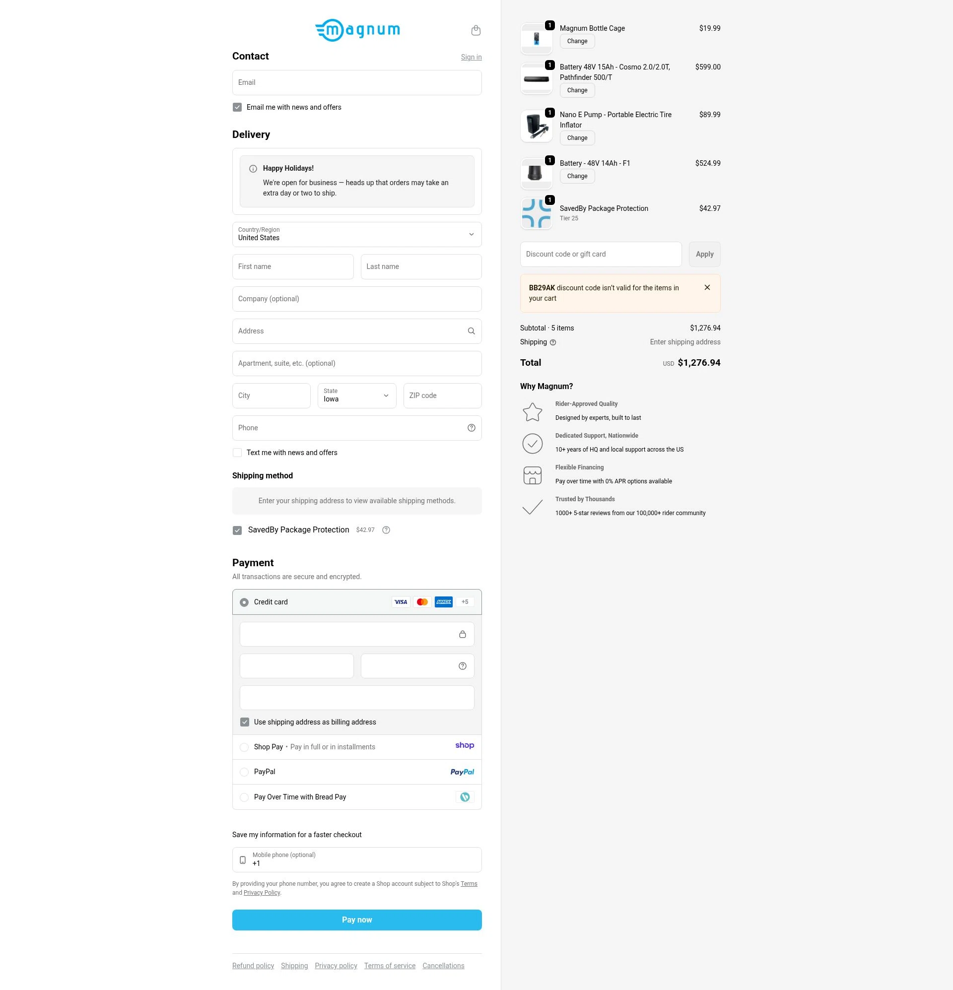 Magnum Bikes checkout page showing Magnum Bikes promo code box | Screenshot taken by SimplyCodes community member on Jan 8, 2026