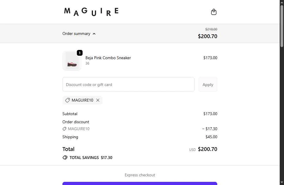 Maguire Shoes checkout page showing Maguire Shoes discount code box | Screenshot taken by SimplyCodes community member on Feb 14, 2026
