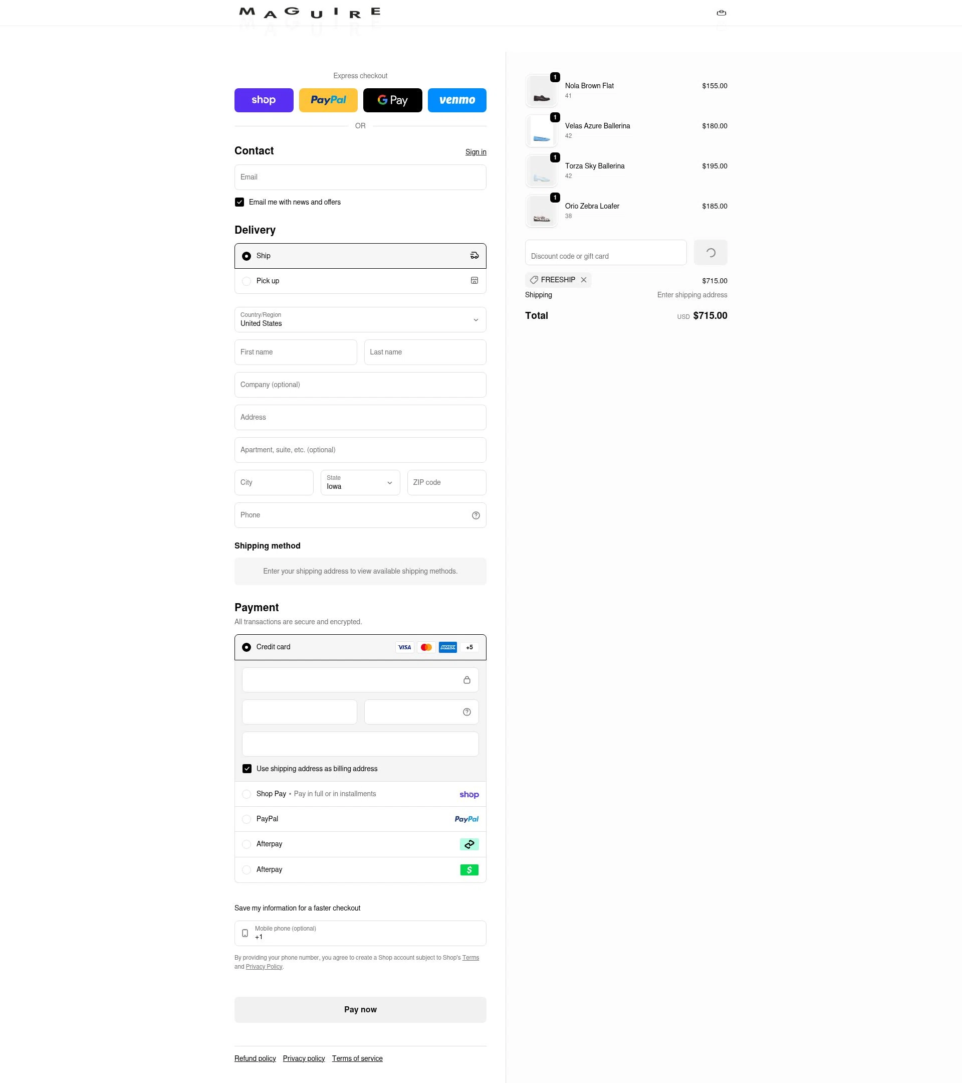 Maguire Shoes checkout page showing Maguire Shoes discount code box | Screenshot taken by SimplyCodes community member on Feb 14, 2026