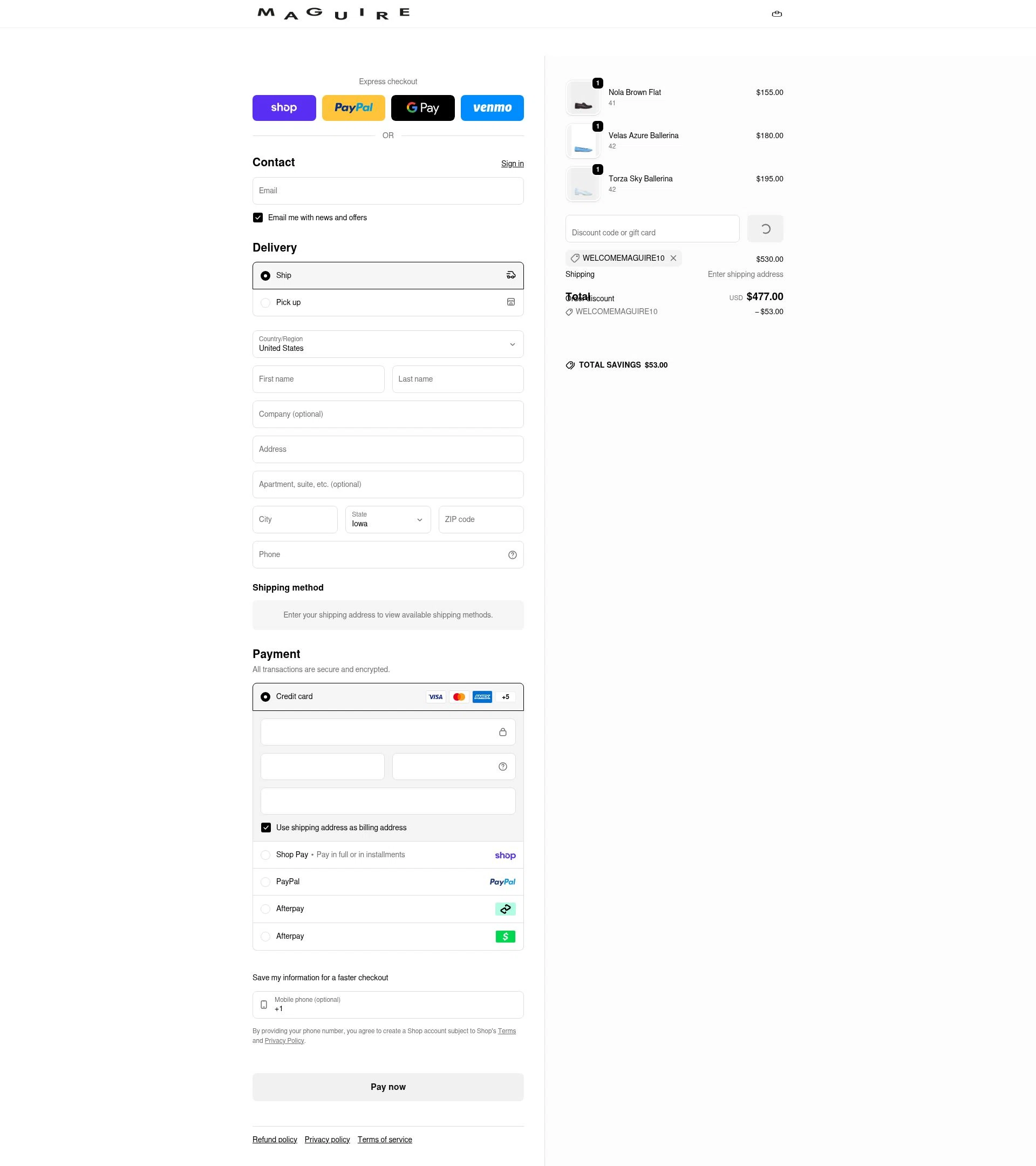 Maguire Shoes checkout page showing Maguire Shoes discount code box | Screenshot taken by SimplyCodes community member on Feb 18, 2026